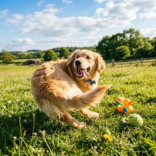 Amusing Golden Retriever Plays Happily in Sunny Field