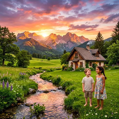 Beautiful Sunset Painting the Sky over Green Mountains