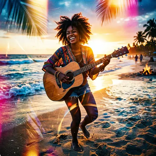 Energetic Young Black Woman Playing Guitar on Sun-Kissed Beach