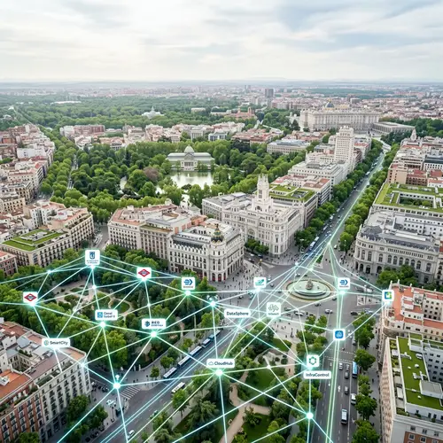 Madrid Cityscape with Network of Software Logos - Data Environment Visualization