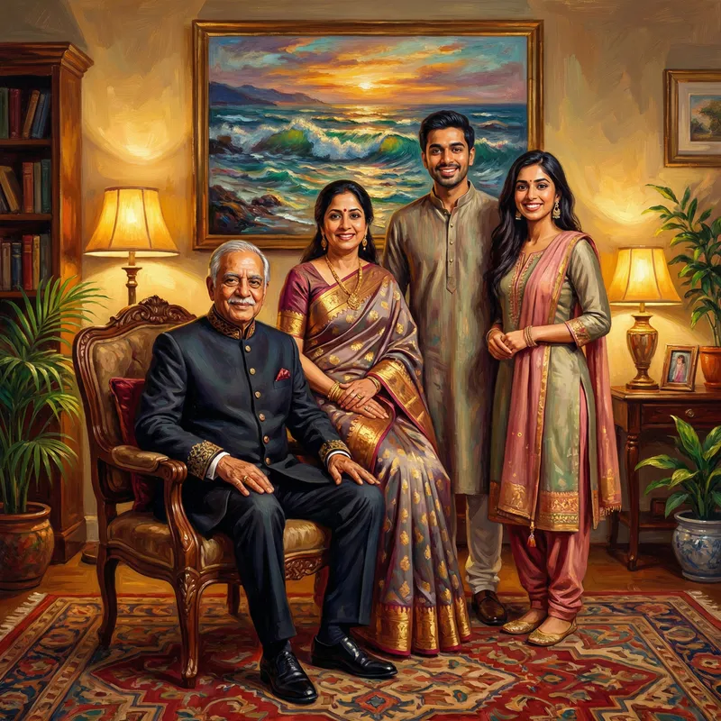 Warm Family Portrait in Vibrant Oil Painting Style