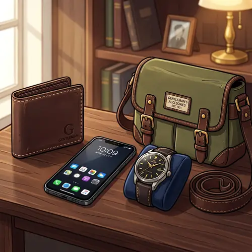 Male-Centric Cartoon-Style Still Life with Wallet, Smartphone, Timepiece & Purse