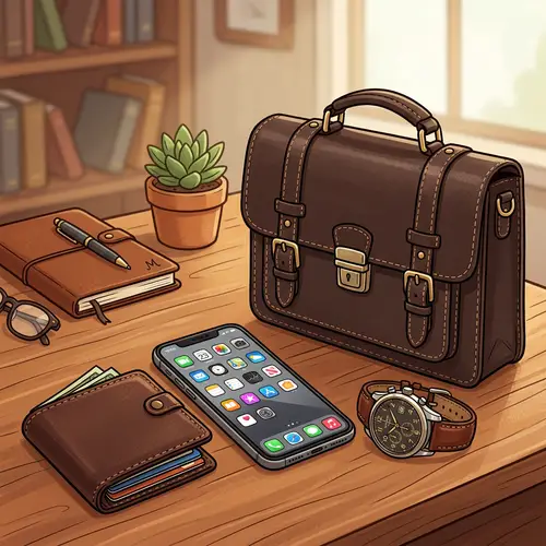 Men's Essentials Still-Life: Wallet, Smartphone, Watch & Briefcase