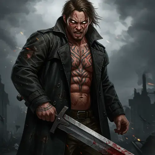 Young Barbarian Warrior with Tattoos and Sword