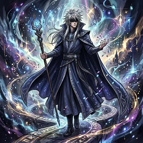Mystical Slender Figure in Dark Blue Robe | Silver-Haired Character