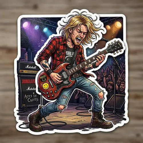 Grunge Style Rock Musician: High-Res Sticker Design