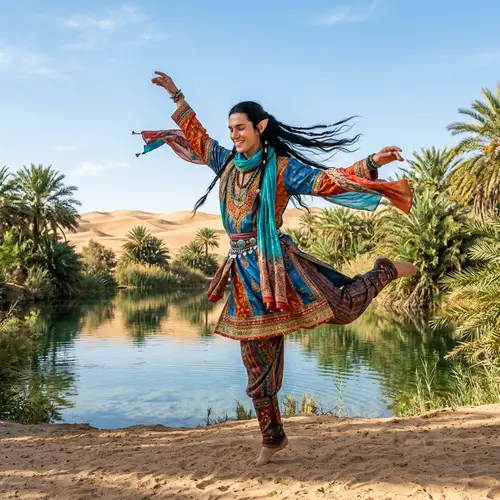 Dancing Elf in Desert Oasis | Enchanting Imagery