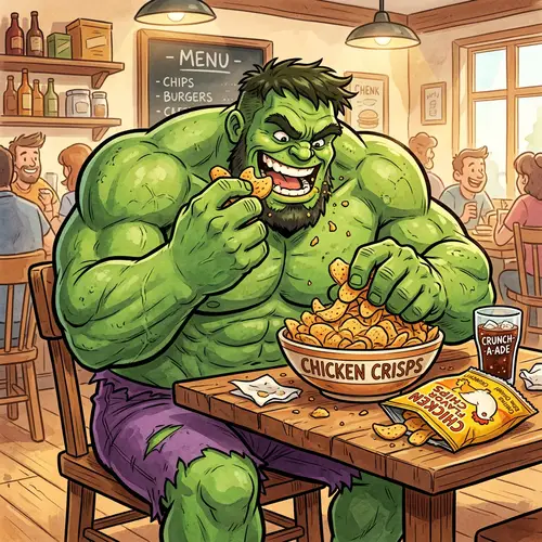 Hulk eating chicken chips