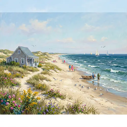 Charming Beach Cottage Scene with Birds & Sailboats