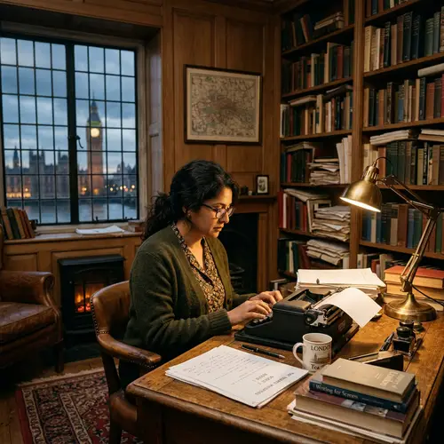 South Asian Female Screenwriter in Vintage Study Room, London