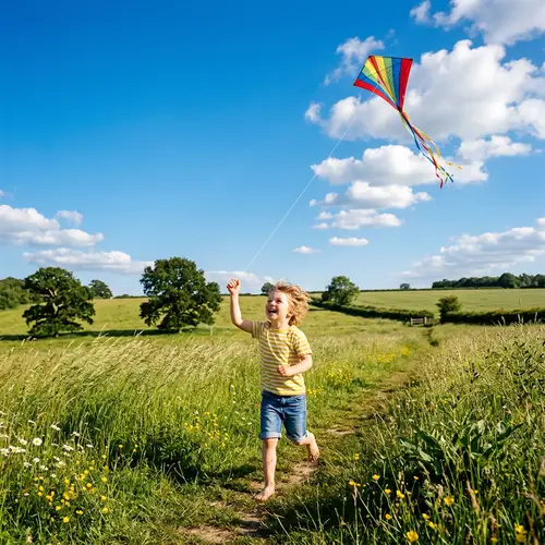 Joyful Child Flying Kite in Open Field