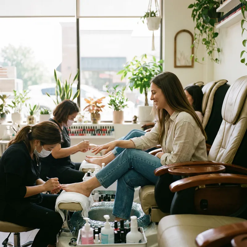 Young Woman Having Manicure & Pedicure in Indoor Setting