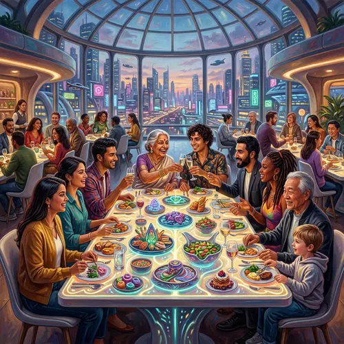 Futuristic Feast 2050: Diverse Gathering for Innovative Meal