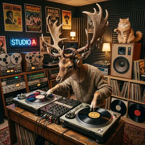 Deer DJ and Cat Having Fun in Recording Studio