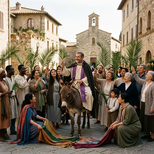 Jesus Christ on Donkey: Palm Sunday Celebration with Crowd