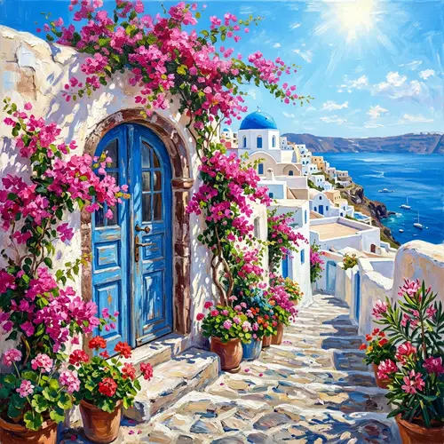 Santorini Blue Door & Pink Flowers Painting