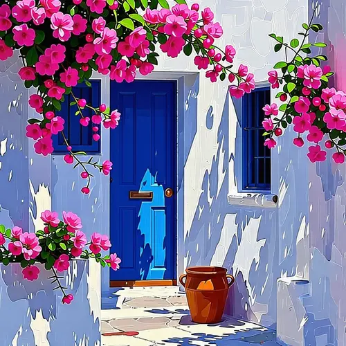 Santorini Blue Door & Pink Flowers Painting