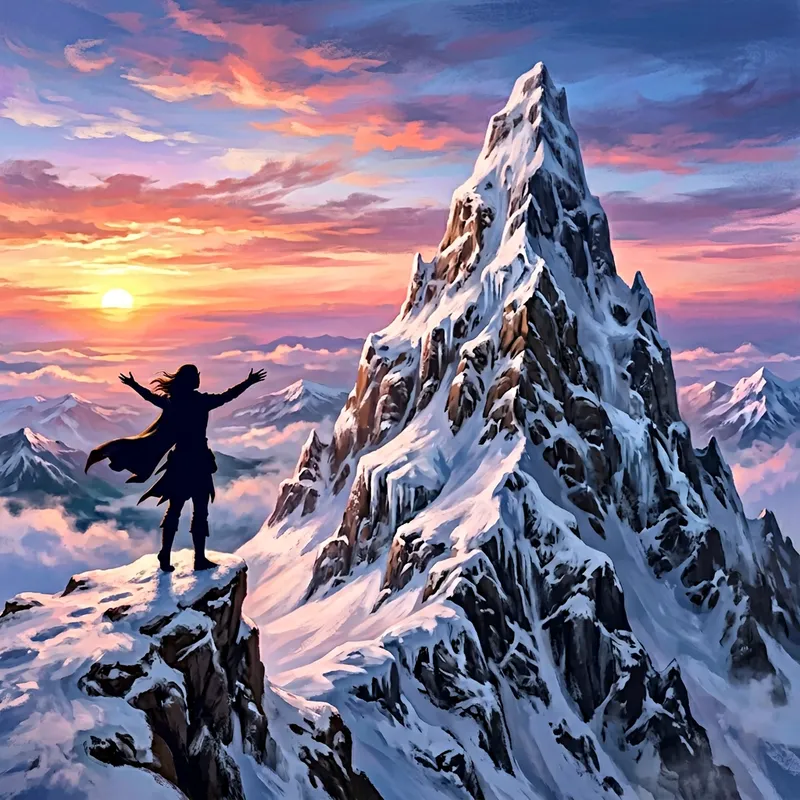 Majestic Snow-Covered Mountain Peak with Elf at Sunset