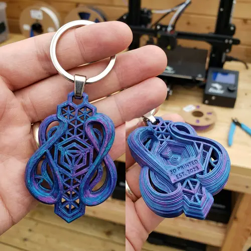Intricate 3D Printed Keychain with Geometric Patterns and Bright Colors