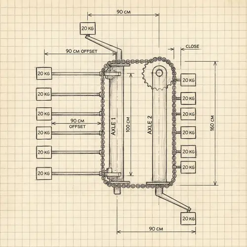 Mechanism Engineering Sketch with Vertical Axles and Weights