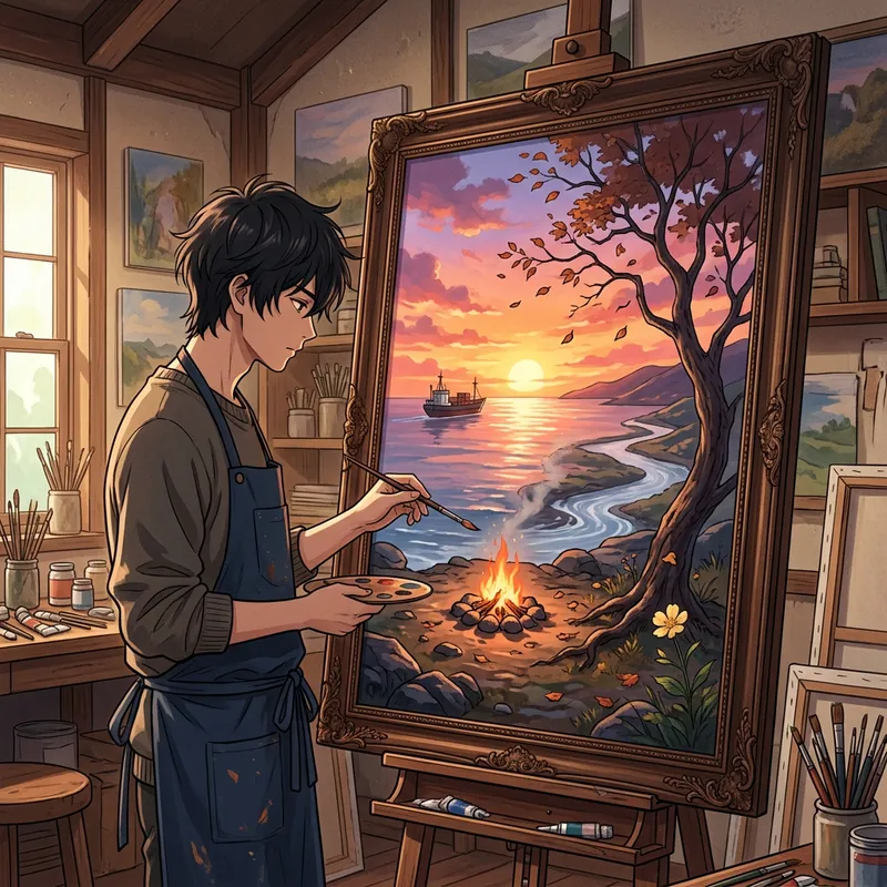 Enigmatic Figure Adds Final Touch to Anime Sunset Painting