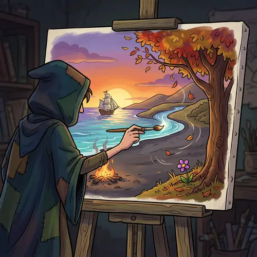 Serene Sunset Painting with Autumn Tree, River, and Sailing Ship