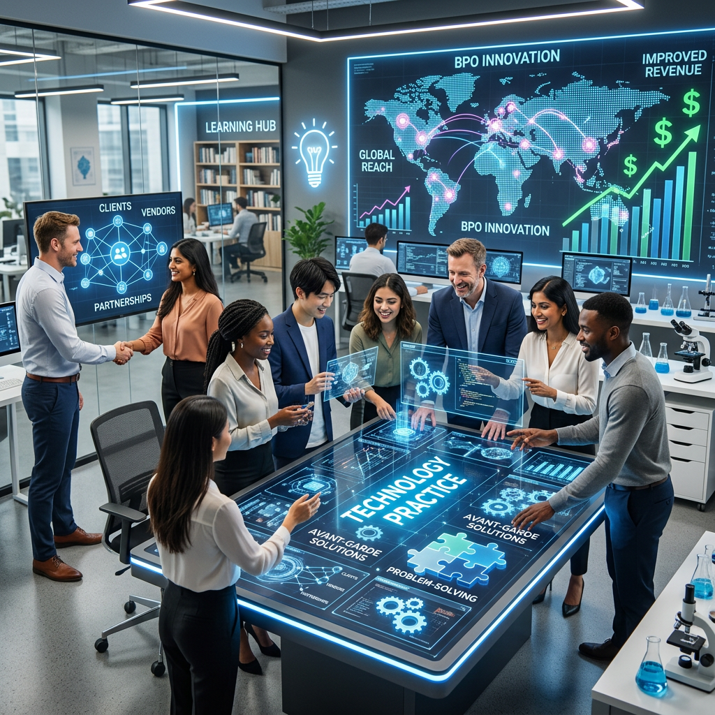Global AI developers collaborating in a modern tech hub with holographic interfaces