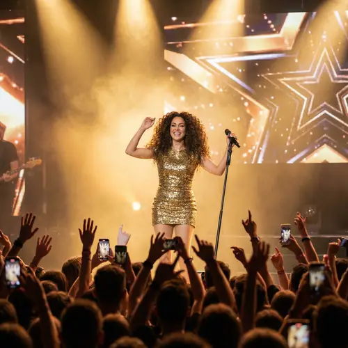 Radiant Female Pop Singer in Gold Sequin Dress on Stage