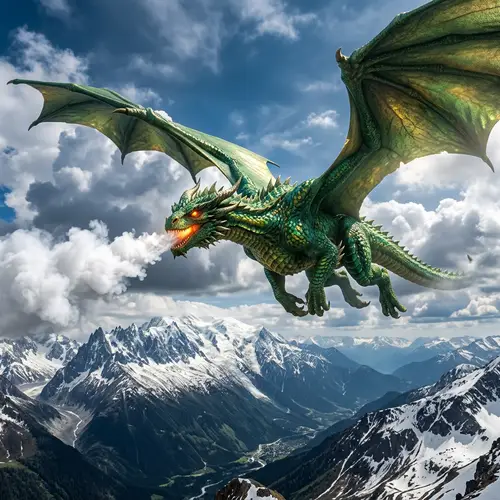 Majestic Dragon Spreading Wings Over Mountains