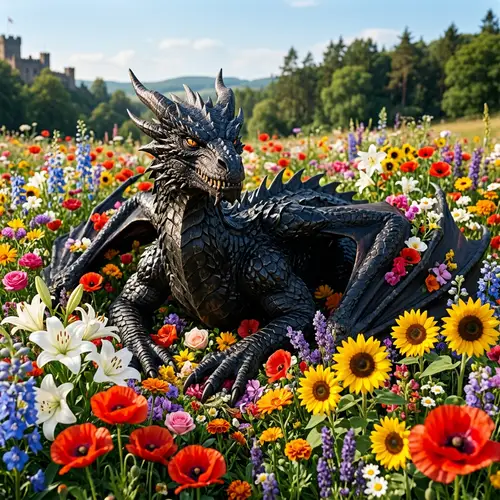 Majestic Black Dragon Among Vibrant Flowers
