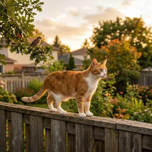 Graceful Domestic Short-Haired Cat on Backyard Fence
