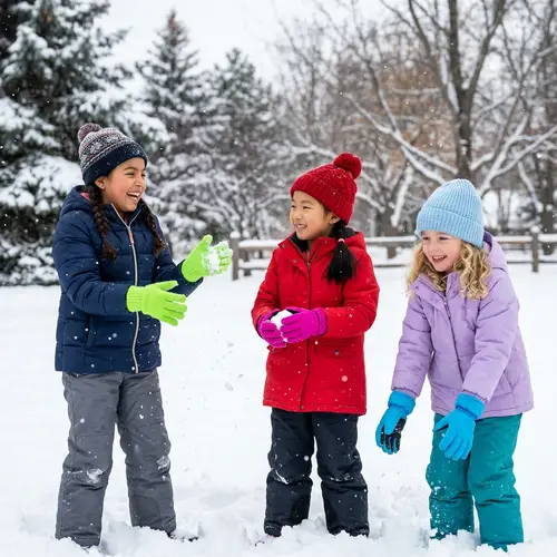 Winter Fun: Multicultural Girls Play in Snow with Colorful Gloves