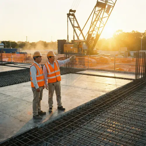 Construction Workers on a Concrete Slab at Sunset