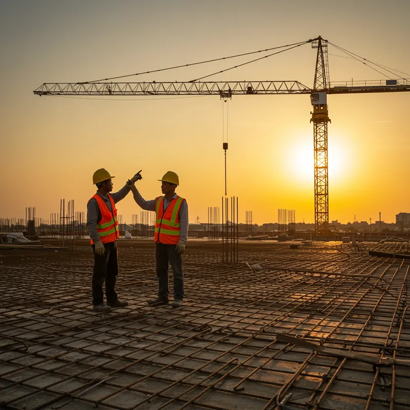 Construction Workers on a Concrete Slab at Sunset