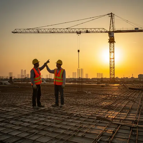 Construction Workers on a Concrete Slab at Sunset