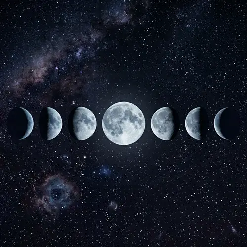 Moon in All Phases: Cold & Faint Colors in Vast Cosmos