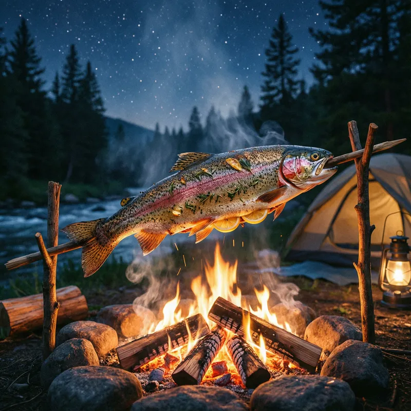 Rainbow Trout Cooking Over Campfire - Nighttime Delight