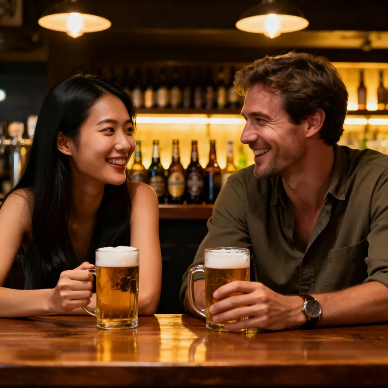 Cheers: An Asian Woman & European Man Enjoying Beer