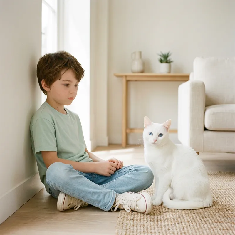 Aesthetic Caucasian Boy with White Cat