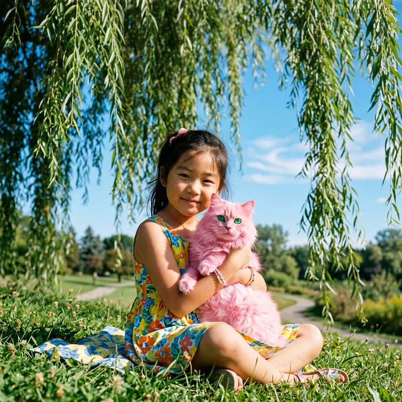Pretty Girl with Pink Cat | Colorful Summer Scene Pretty Girl with Pink Cat | Colorful Summer Scene