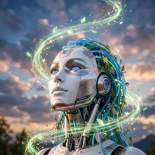Realistic Robot Woman Head | Nature's Spirit Ascending Skyward