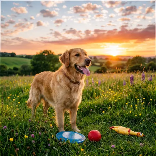 Playful Golden Retriever Dog in Lush Green Field at Sunset