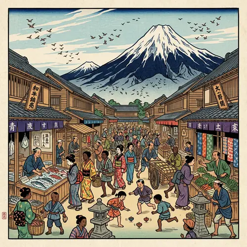 Vibrant Japanese Woodblock-Inspired Market Scene