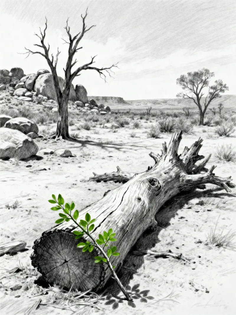 Black and White Graphite Sketch of a Desert Landscape