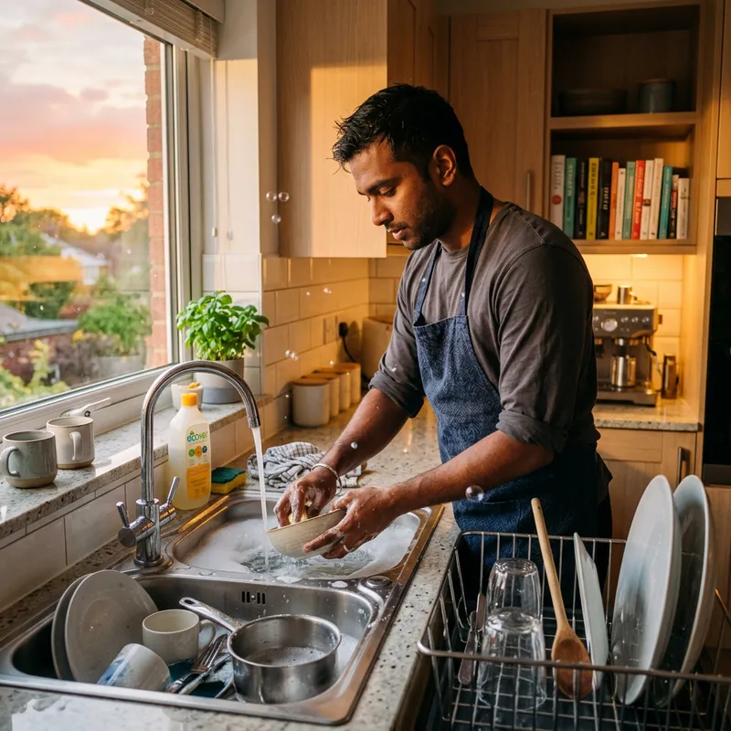Stacked Dishwasher Image for South Asian Man in Kitchen Stacked Dishwasher Image for South Asian Man in Kitchen