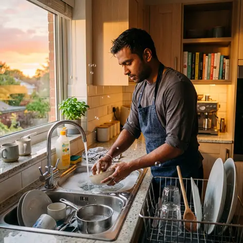 South Asian Man Washing Dishes in Modern Kitchen