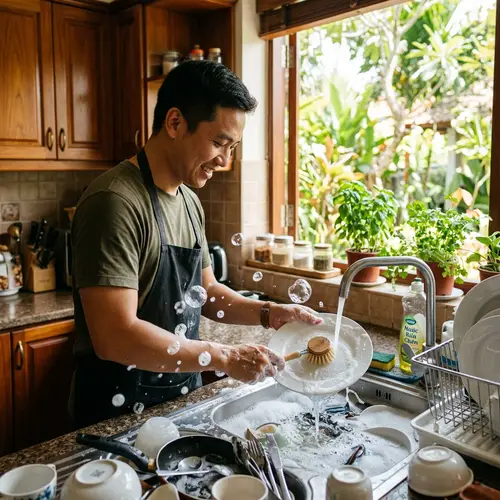 Vietnamese Man Washing Dishes | Homely Kitchen Scene
