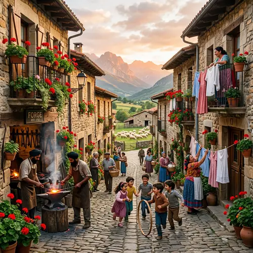 Traditional Village Scene with Geranium Flowers and Lively Atmosphere