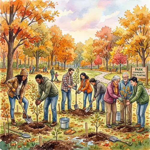 Community Tree Planting in Autumn Watercolor