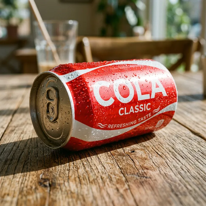 Refreshing Chilled Cola Can on Wooden Table Refreshing Chilled Cola Can on Wooden Table